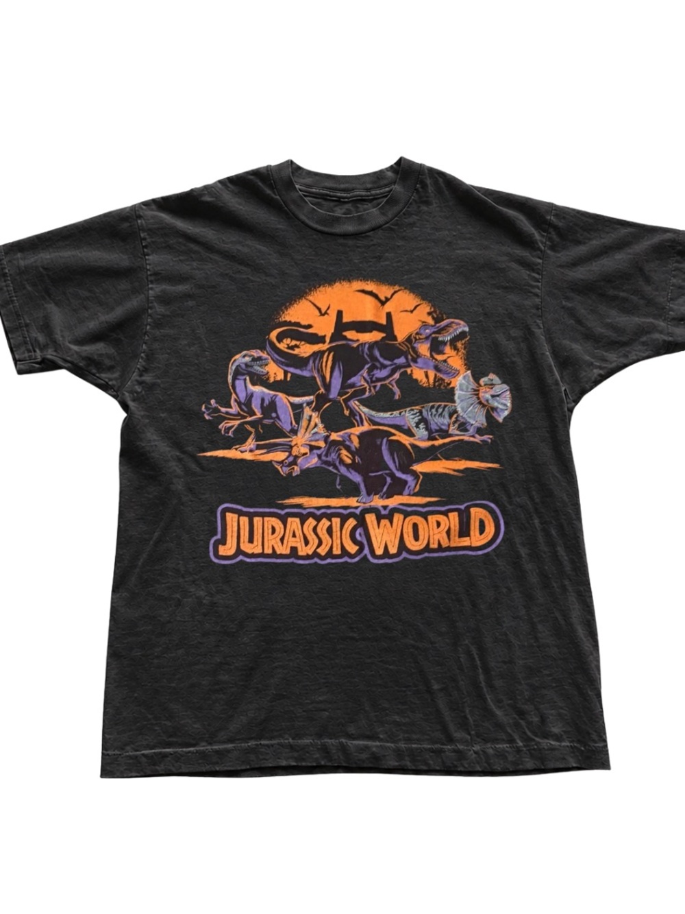 Black Jurassic World Tee with Orange & Purple Dino Graphic